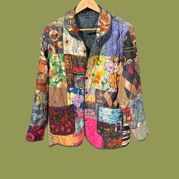Stunning Volup Vintage 220 Hickory Reversible Patchwork Quilted Silk Jacket XL - Picture 1 of 16